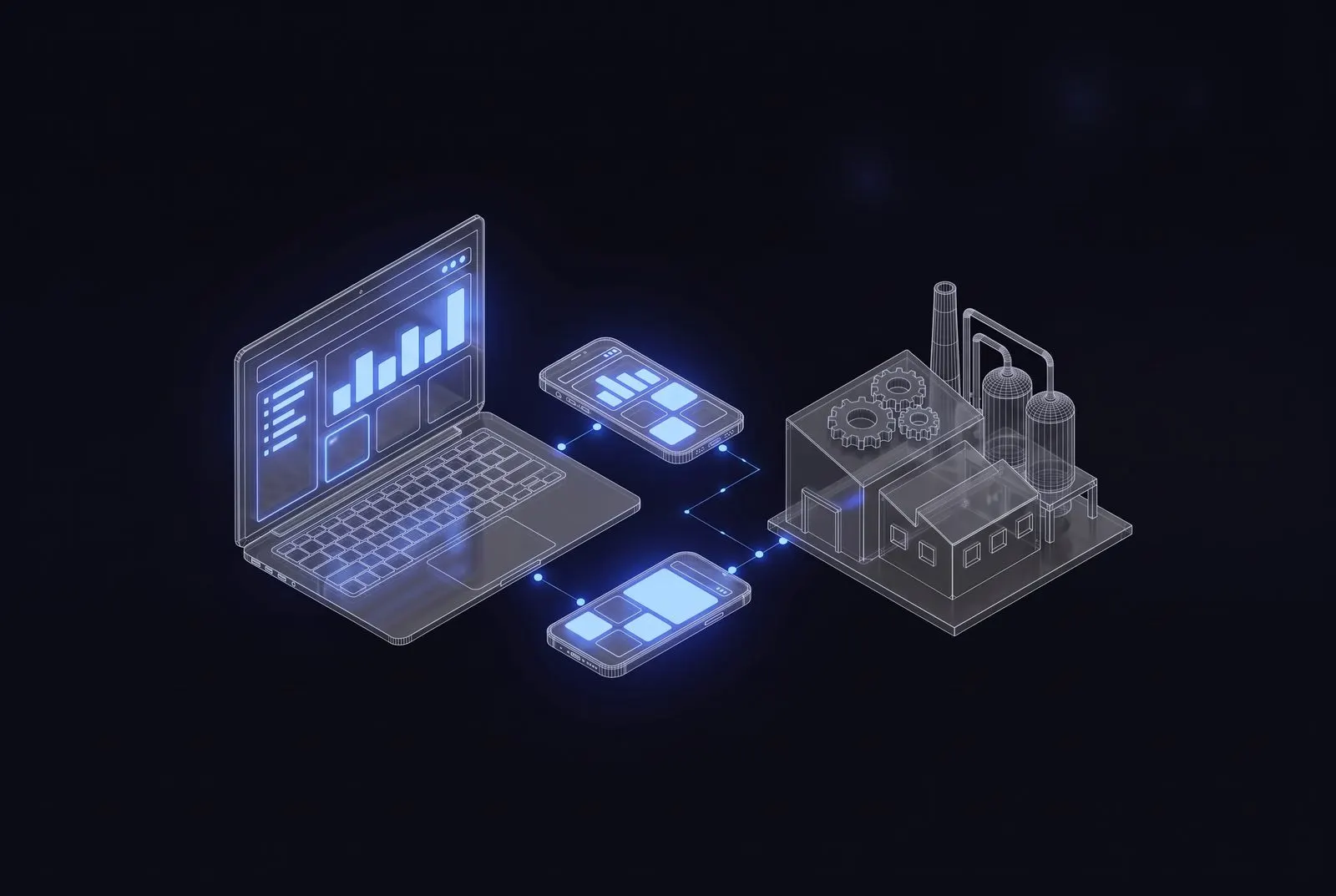 Ilustracja: laptop i telefon z panelem klienta połączone z zakładem