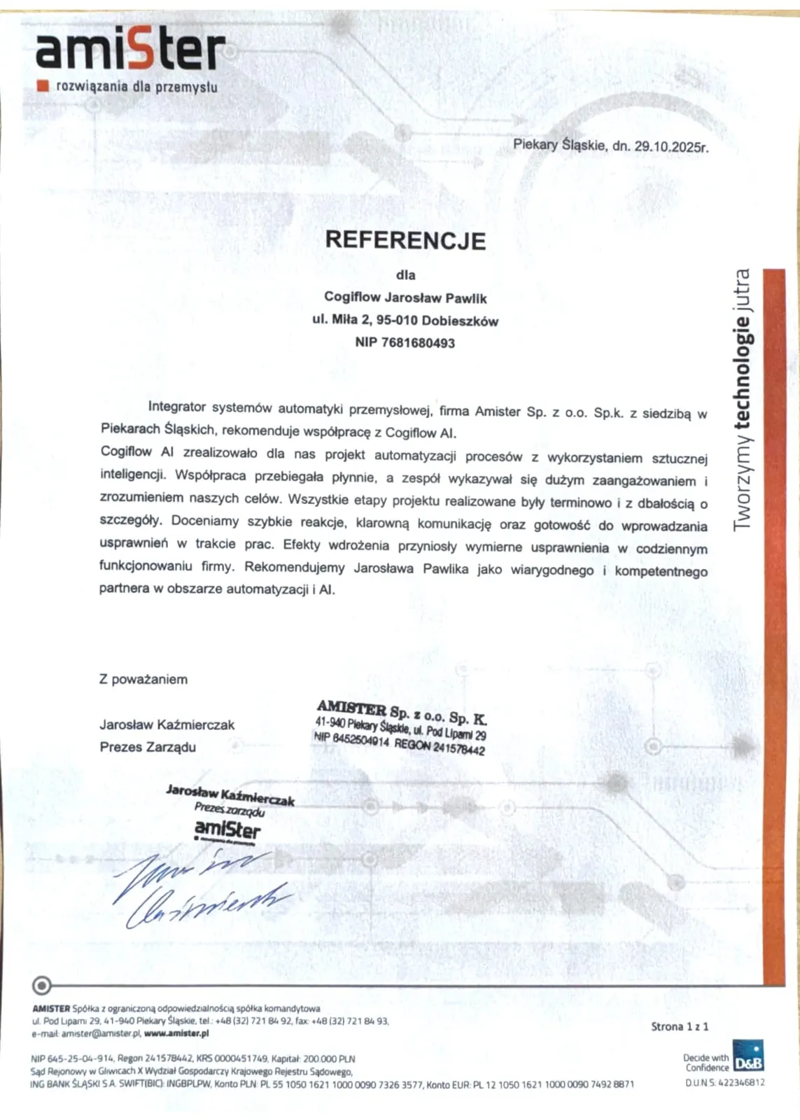Skan podpisanego listu: Amister Sp. z o.o. Sp.k., Jarosław Kaźmierczak