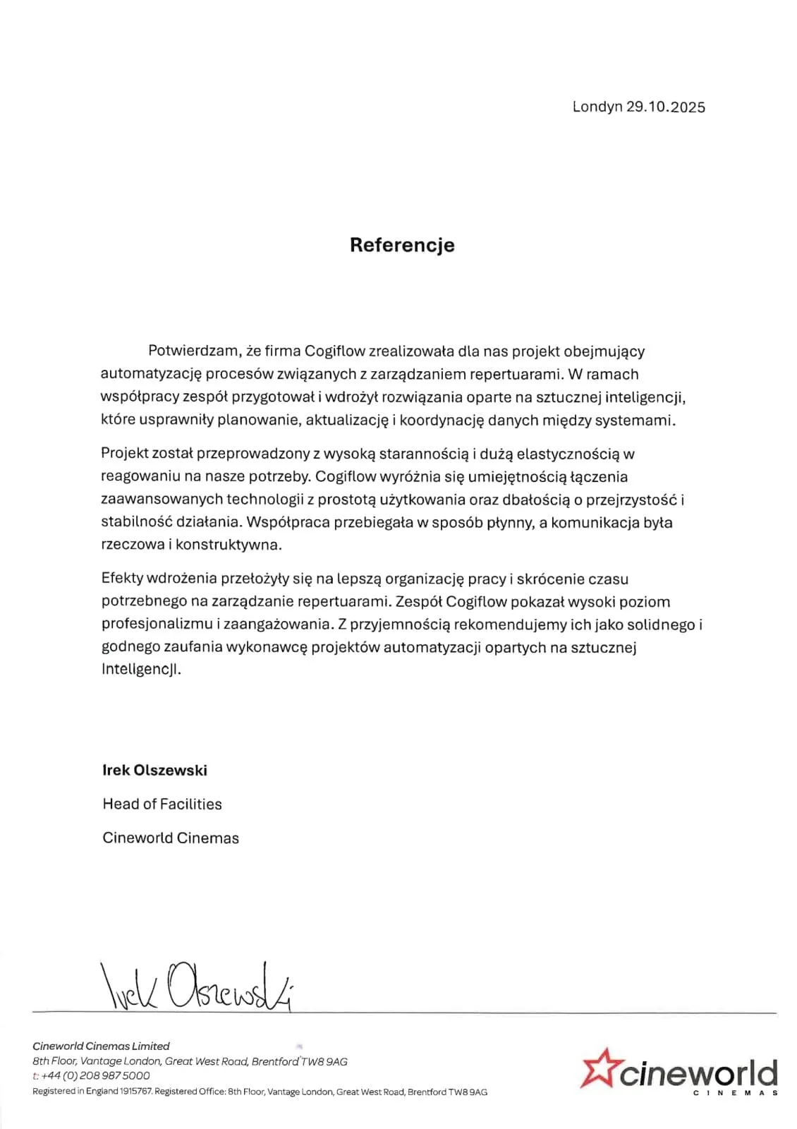 Skan podpisanego listu: Cineworld Cinemas, Irek Olszewski